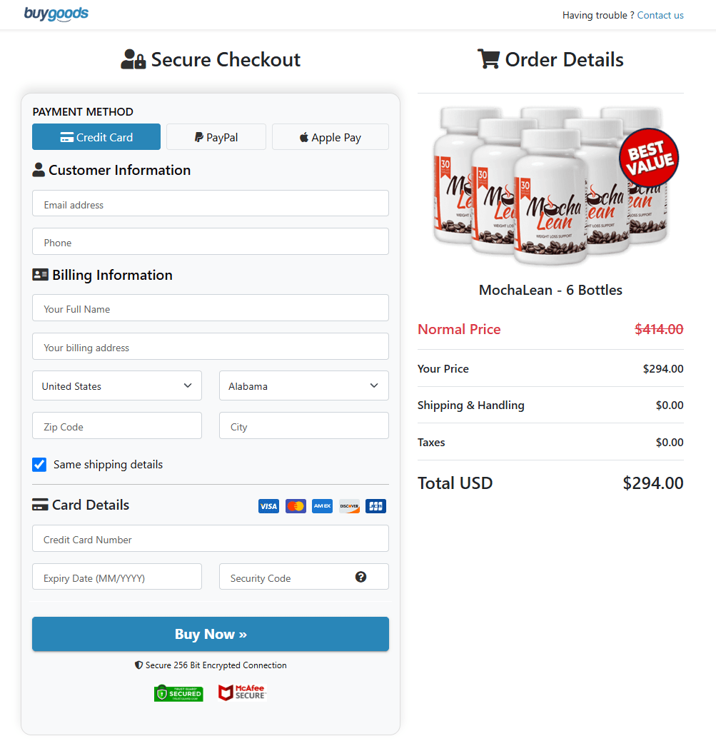 MochaLean checkout page